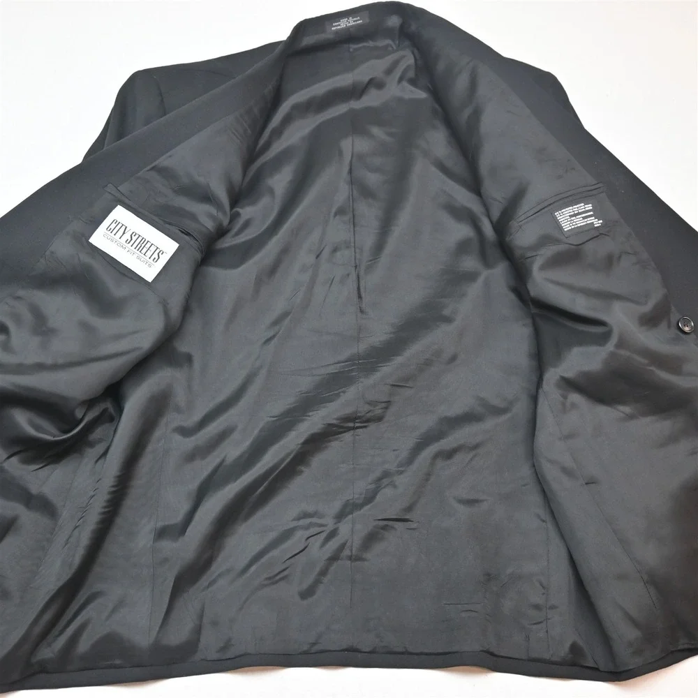 Vtg Mens Double Breasted 44R 34x30 Black Wool Mens Jacket Pants Suit